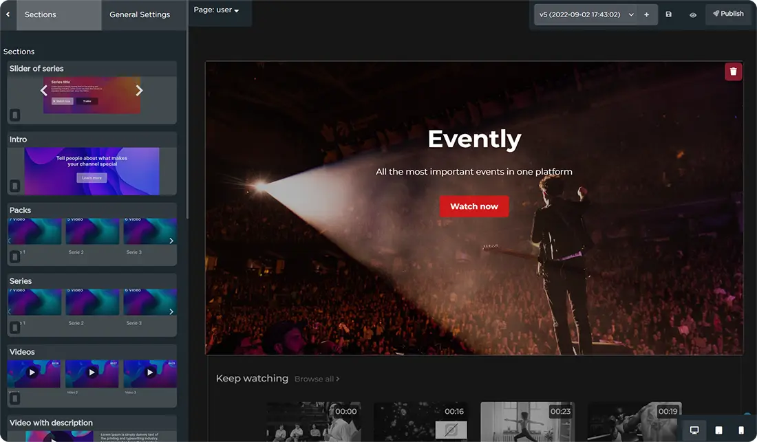 A customized OTT platform being built for Evently with Teyuto's drag-and-drop builder.