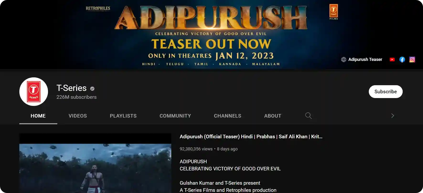 A screenshot of T-Series' YouTube channel highlighting Adipurush official teaser