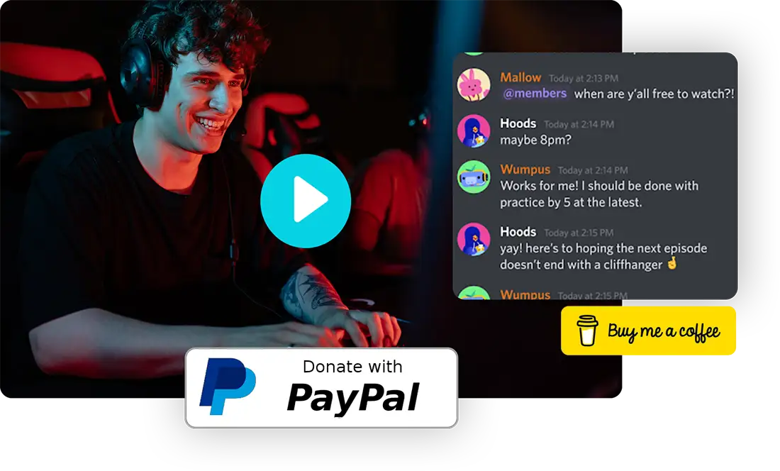 A live streaming gamer engaging audience with comments. Donate buttons of PayPal and Buy Me a Coffee around video stream.