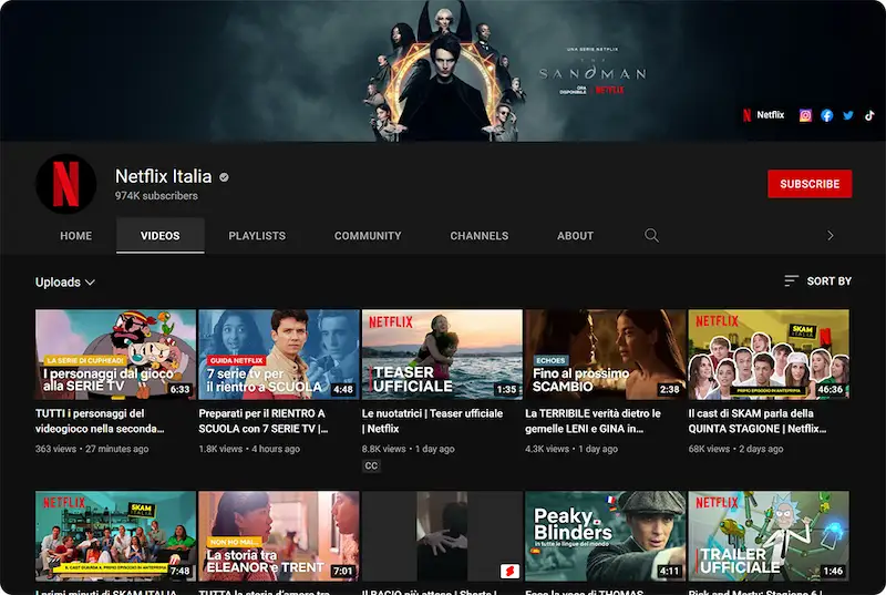 A screenshot of Netflix Italia's YouTube channel.