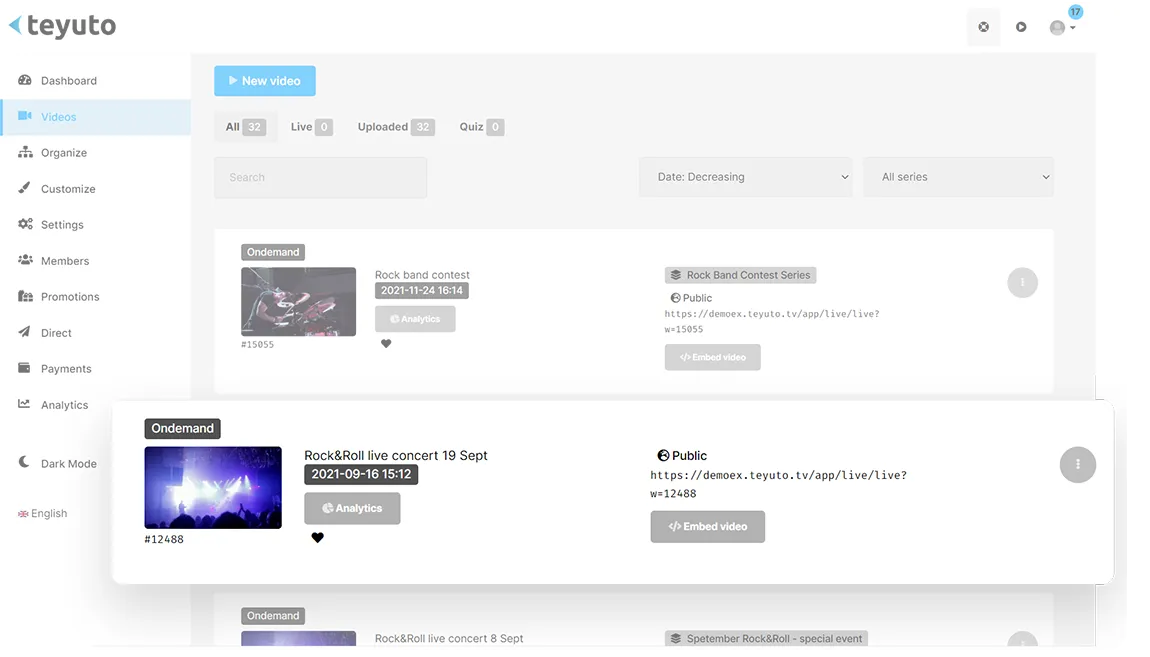 Uploading and organizing videos in Teyuto