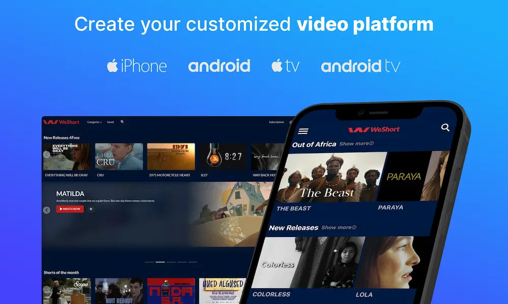 Text "create your customized video platform" with snapshot of mobile and web platforms of WeShort