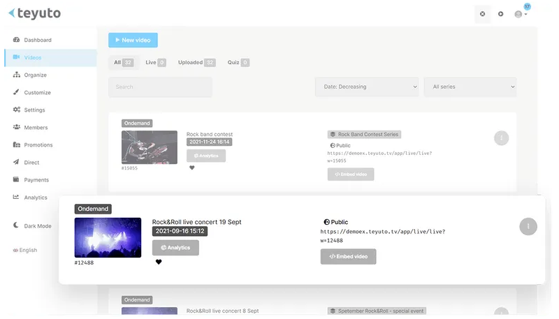 A snapshot of Teyuto's Video CMS