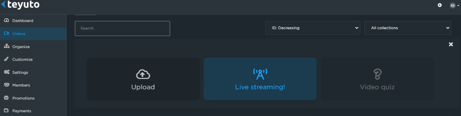 Teyuto dashboard for live streaming