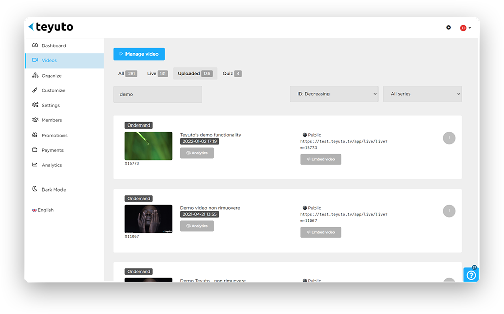 Teyuto's Video CMS dashboard for video management