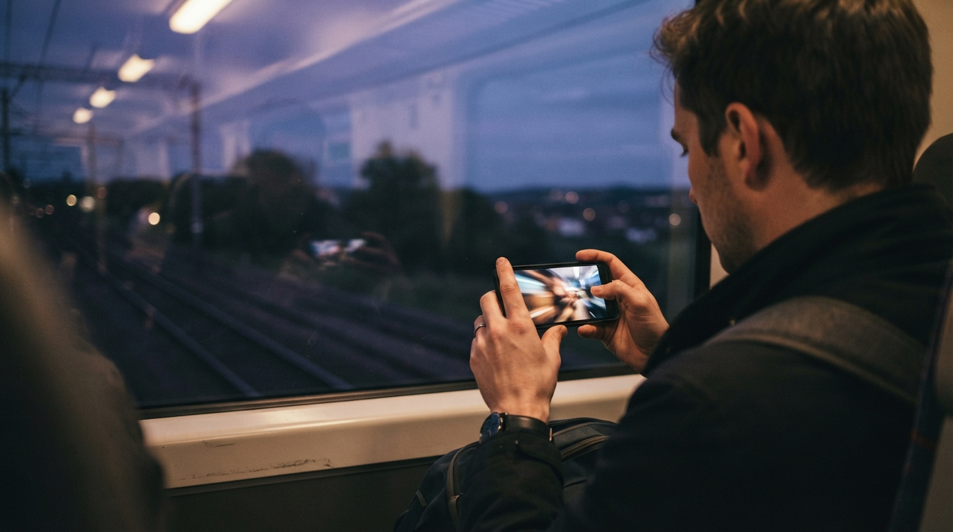 a commuter's hands holding a phone playing video, seen over the shoulder on a train at dusk, window reflections and blurred landscape beyond