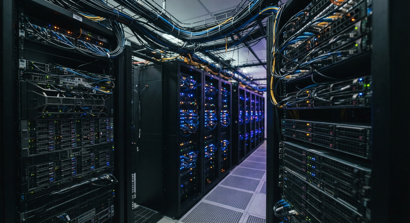 rows of server racks in a data centre cold aisle, blue and amber status LEDs receding into the distance, thick bundles of cabling overhead