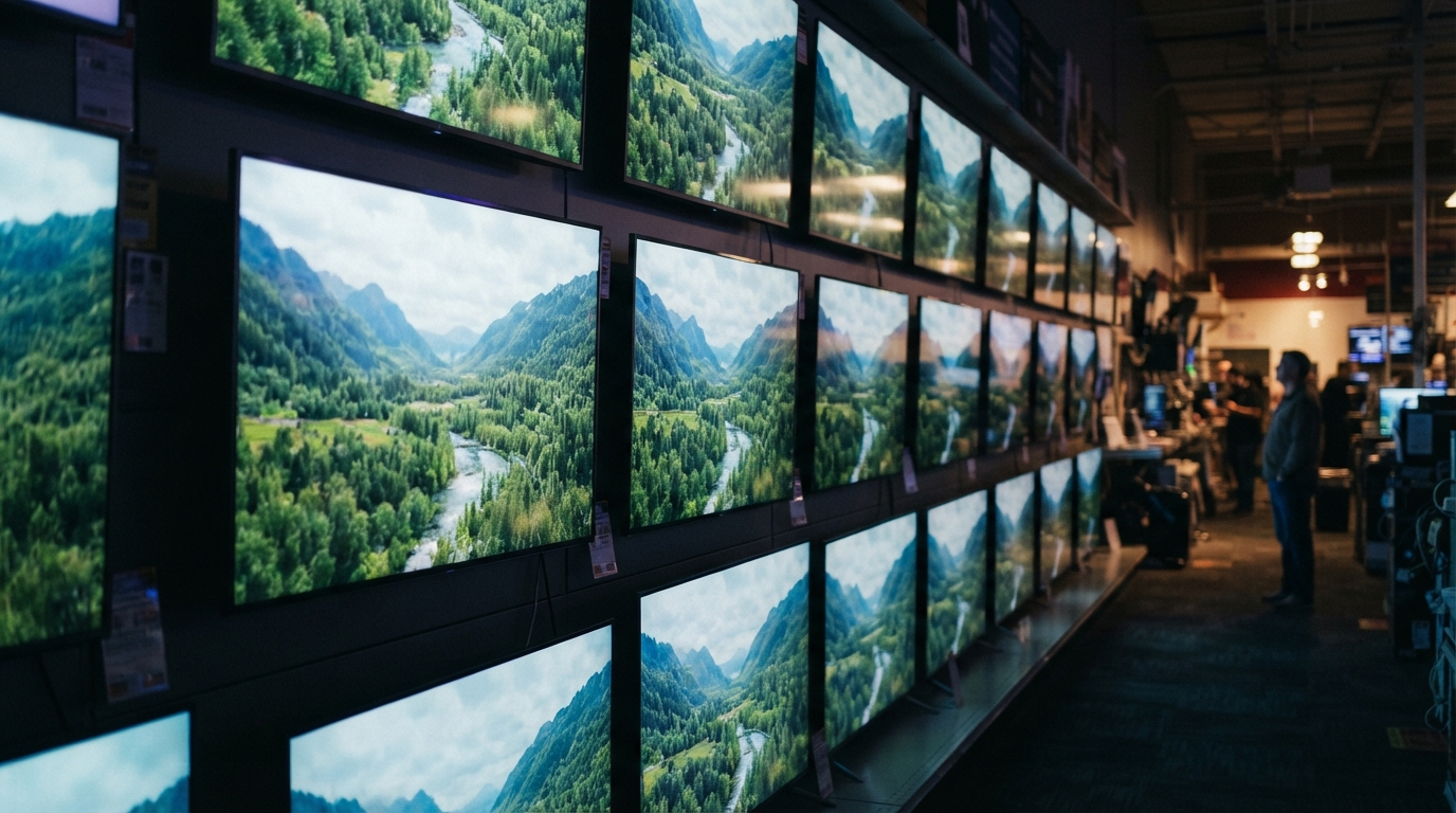 a wall of televisions in an electronics store, all displaying the same landscape footage, seen slightly off-axis so the screens recede in perspective