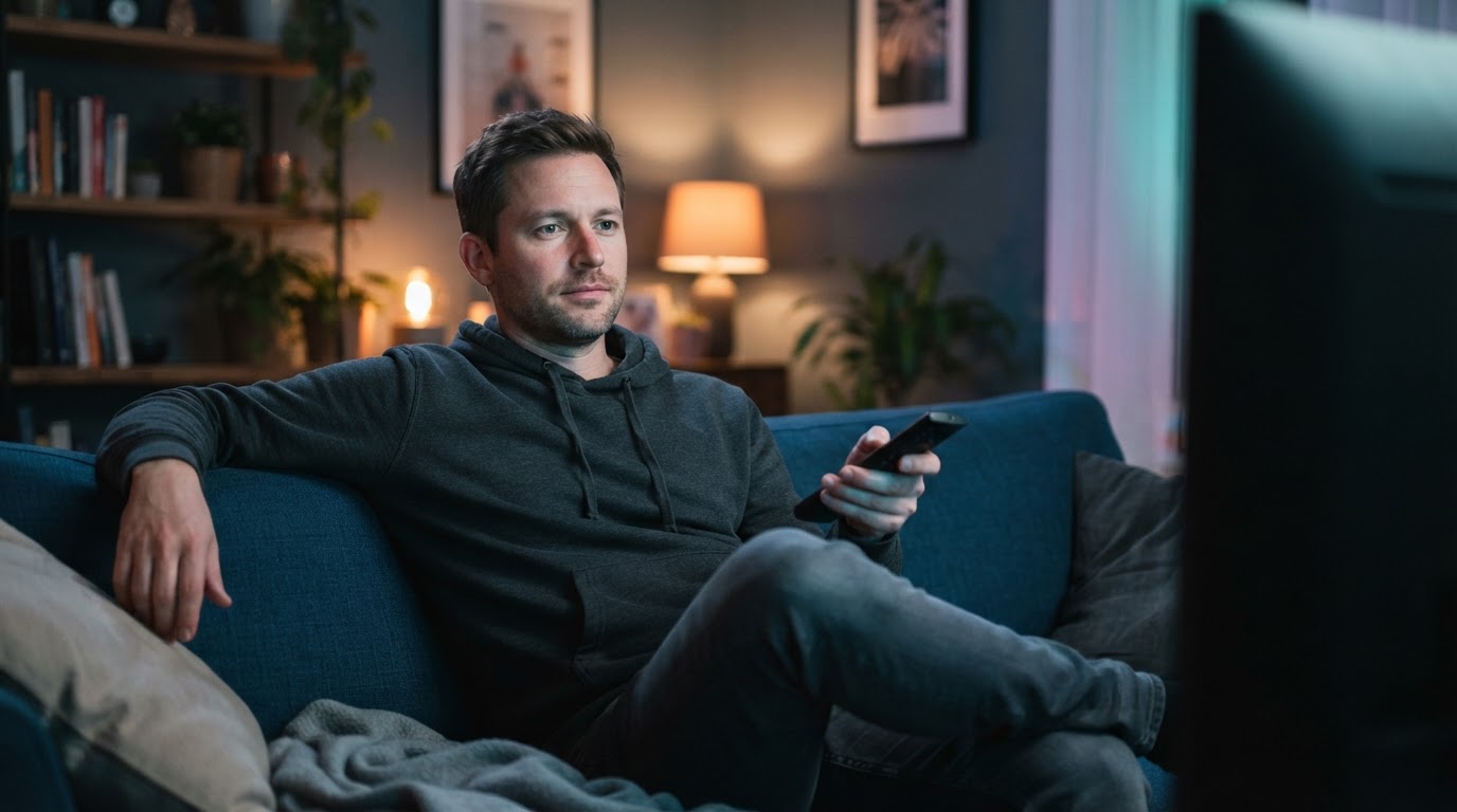 A man sitting back on a sofa in a warmly lit living room, seen from beside the television so he faces the camera, the screen itself out of frame behind the lens, remote in hand mid-scroll, mildly bored and unfocused, the screen's glow lighting his face.