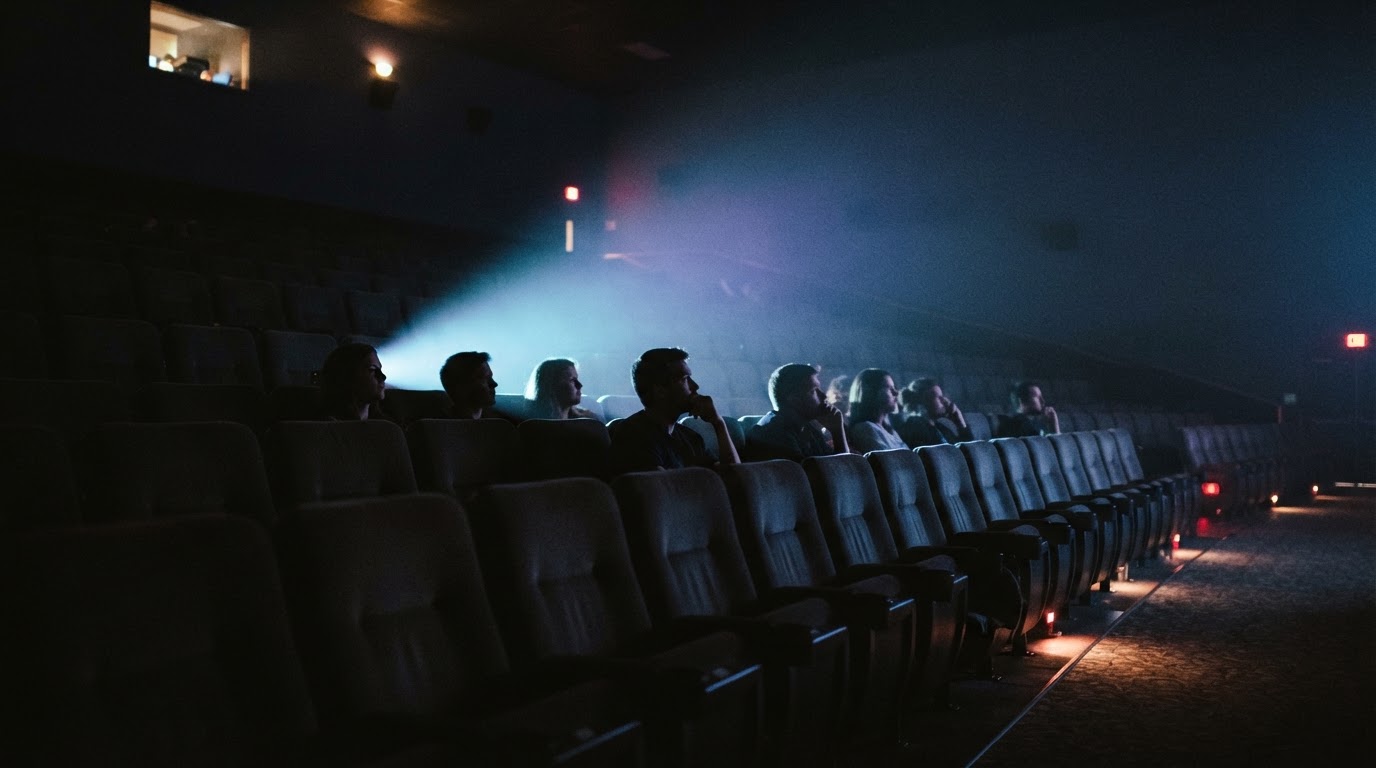 A large darkened cinema seen from the back, most of the seats in shadow and only the front rows lit by the screen, a handful of silhouetted heads leaning in.