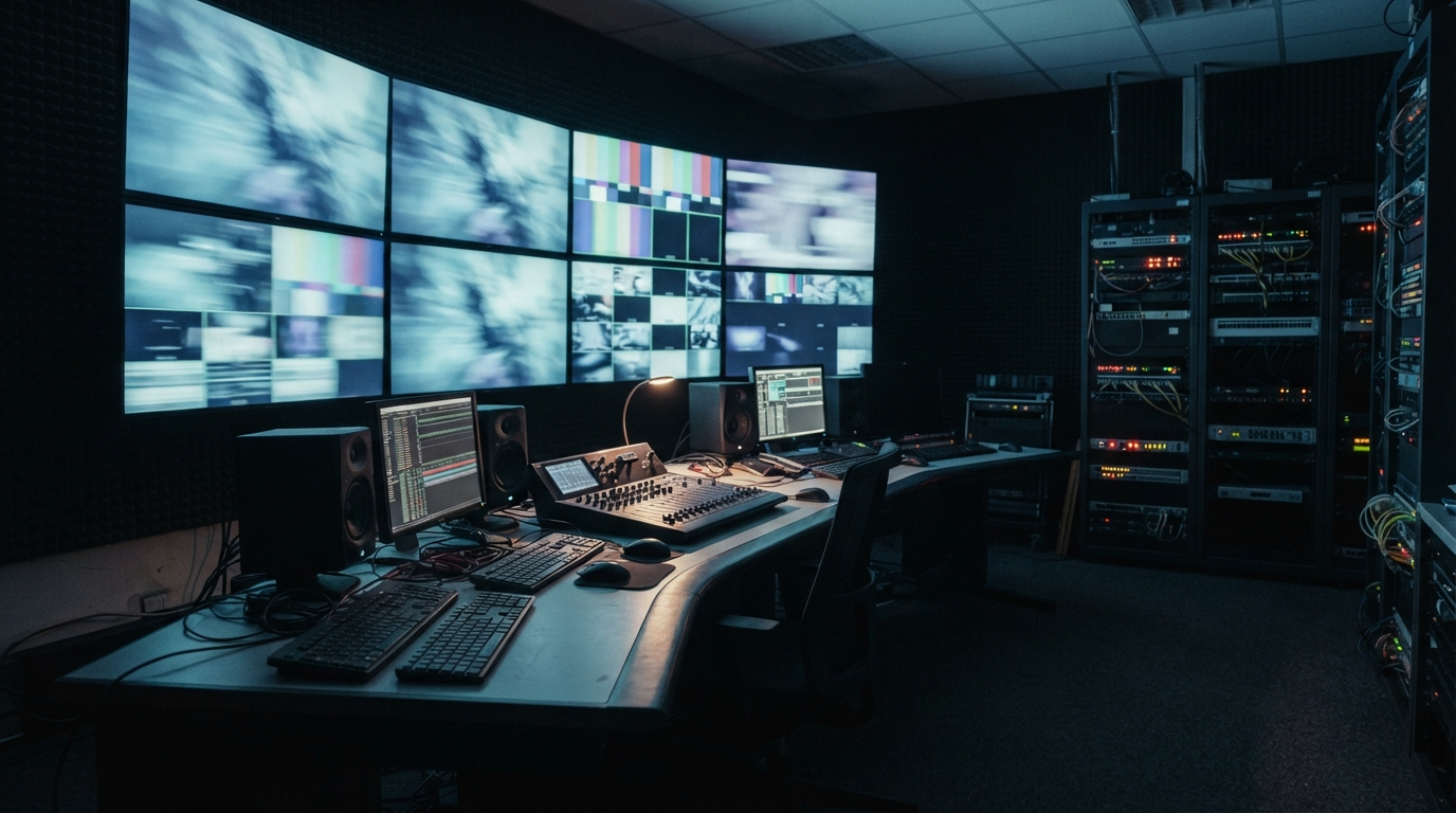 The interior of a broadcast playout control room at night, a curved wall of monitors casting cyan light across an empty operator desk and rows of equipment racks.