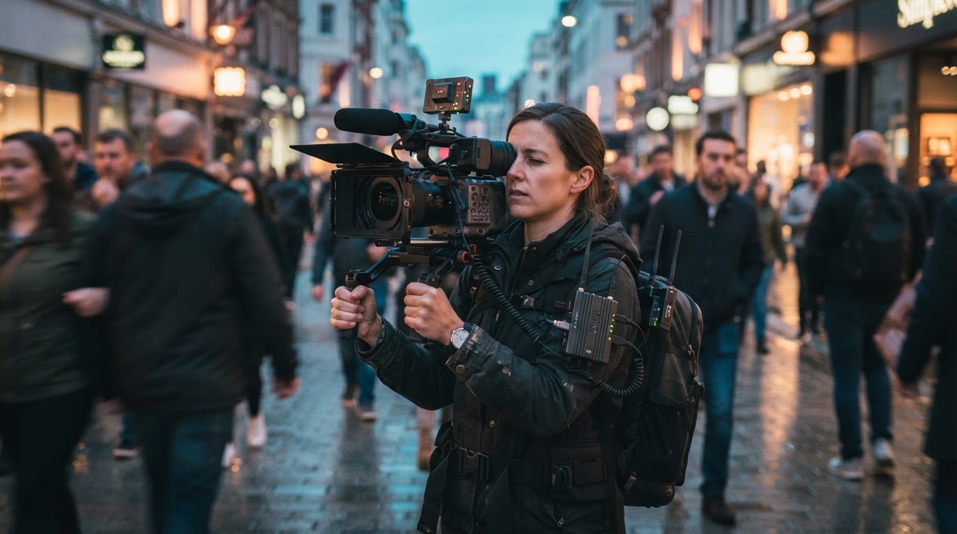 a camera operator on a crowded city street at dusk, a compact wireless transmitter clipped to the camera rig, blurred passers-by and shop lights around them