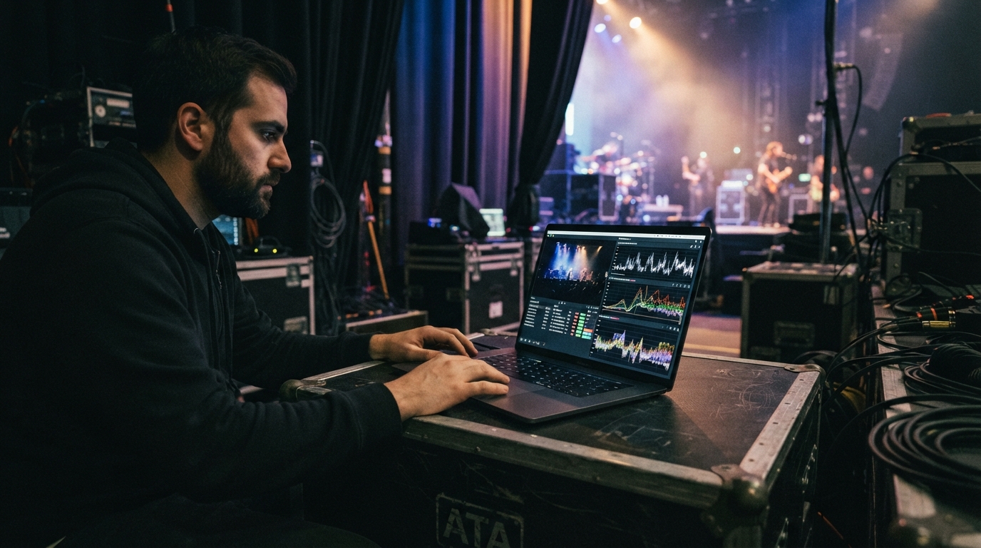 a laptop open on a black flight case backstage at a concert, a stream preview and network graphs on screen, stage lighting spilling in from beyond the curtain