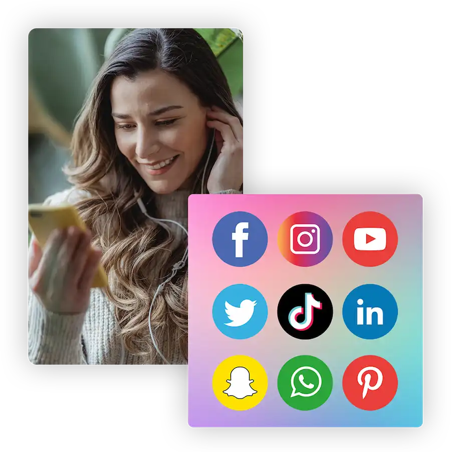 A lady smiling while using her smartphone. Icons of Facebook, Instagram, YouTube, Twitter, TikTok, LinkedIn, Snapchat, WhatsApp, and Pintrest.